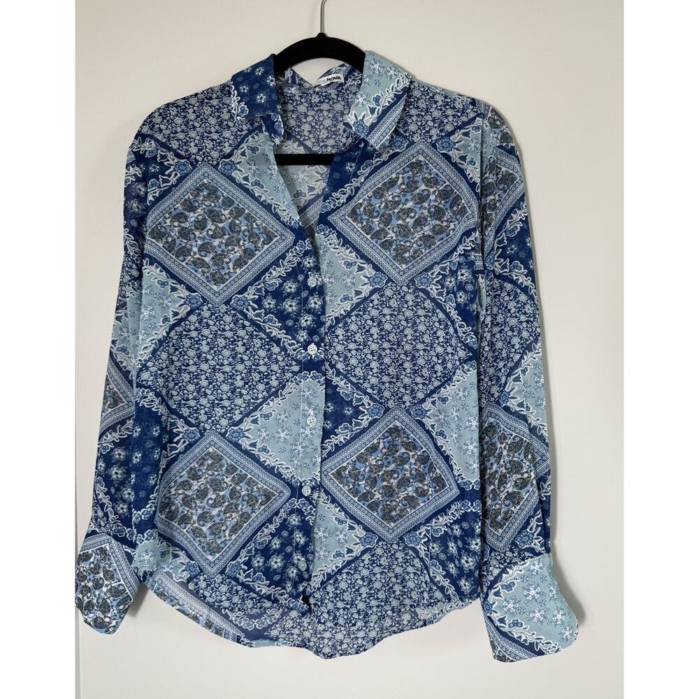 Blue Floral Patchwork Button-Up Blouse Collared Lightweight Preppy XS